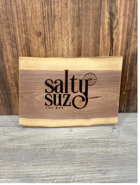 Engraved Salty Suz The Bar live-edge wood sign